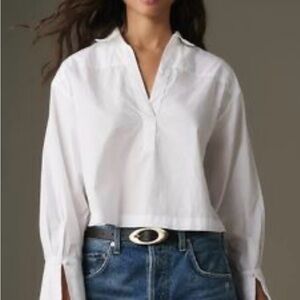 Maeve Poplin Rugby White V-Neck Long Sleeve Women's Top
